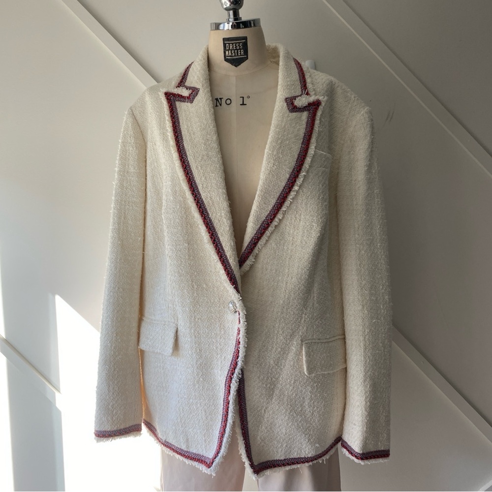 Veronica Beard Cotton Blend Tweed Blazer Ivory Contrast Trim Size 22